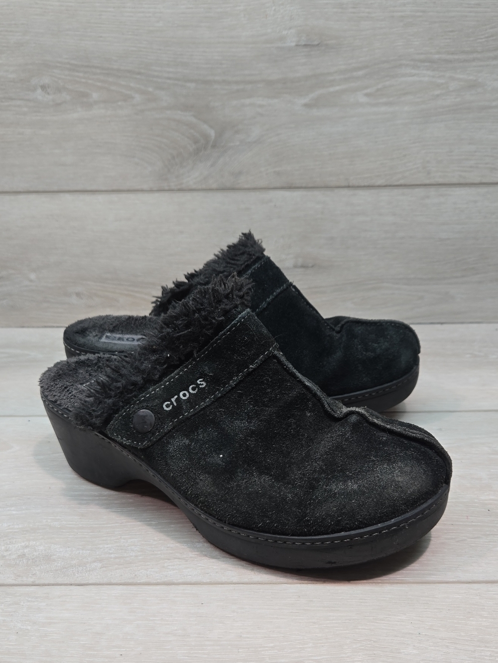 Crocs Women Leather Faux Fur Mary Jane Clog Mule Shoes Sz 8